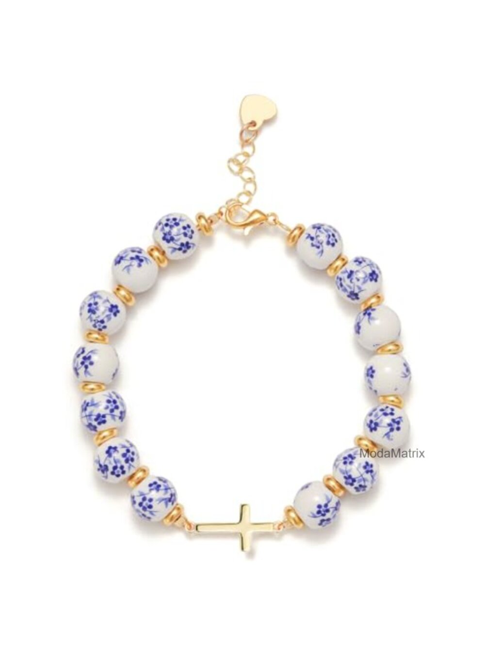 Gold Plated Cross Bracelet Dainty Link Chain with Ceramic Floral Beads